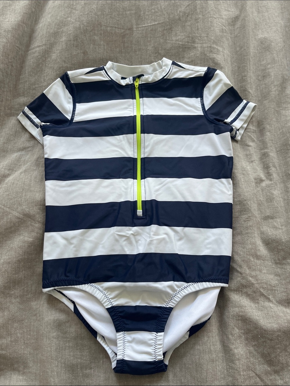Primary Navy & White Stripe Zip-Front Swim Suit